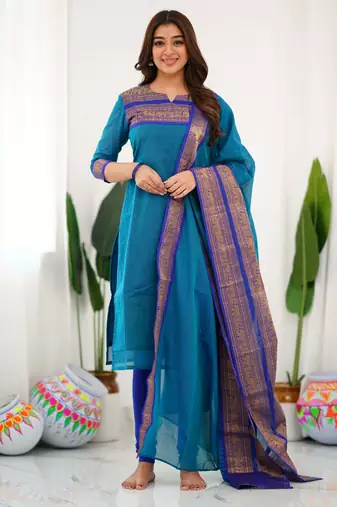 Teal-blue jacquard weaving kanchi cotton straight kurta dupatta set