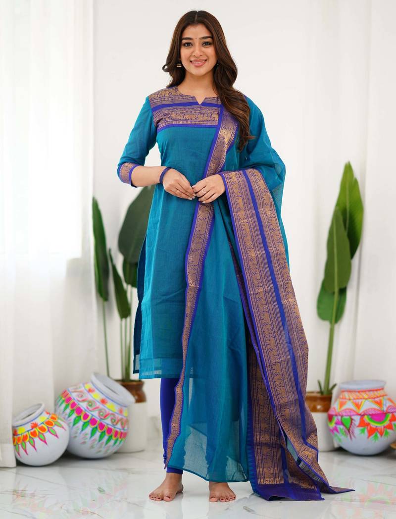 Teal-blue jacquard weaving kanchi cotton straight kurta dupatta set