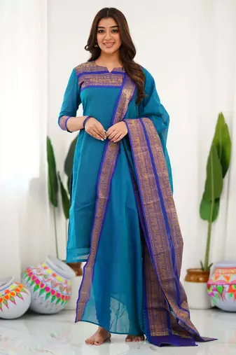 Teal-blue jacquard weaving kanchi cotton straight kurta dupatta set