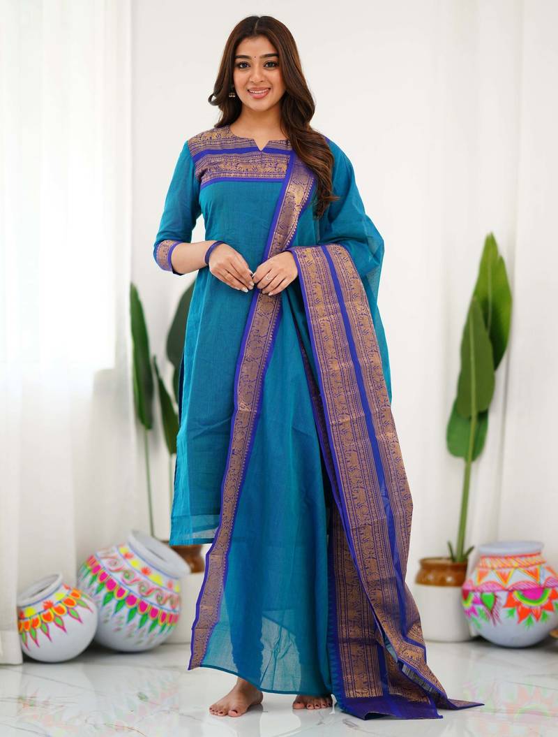 Teal-blue jacquard weaving kanchi cotton straight kurta dupatta set
