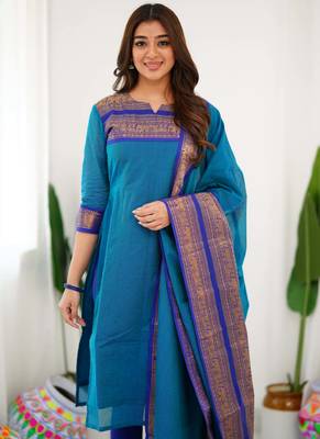 Teal-blue jacquard weaving kanchi cotton straight kurta dupatta set 5