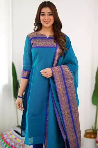 Teal-blue jacquard weaving kanchi cotton straight kurta dupatta set
