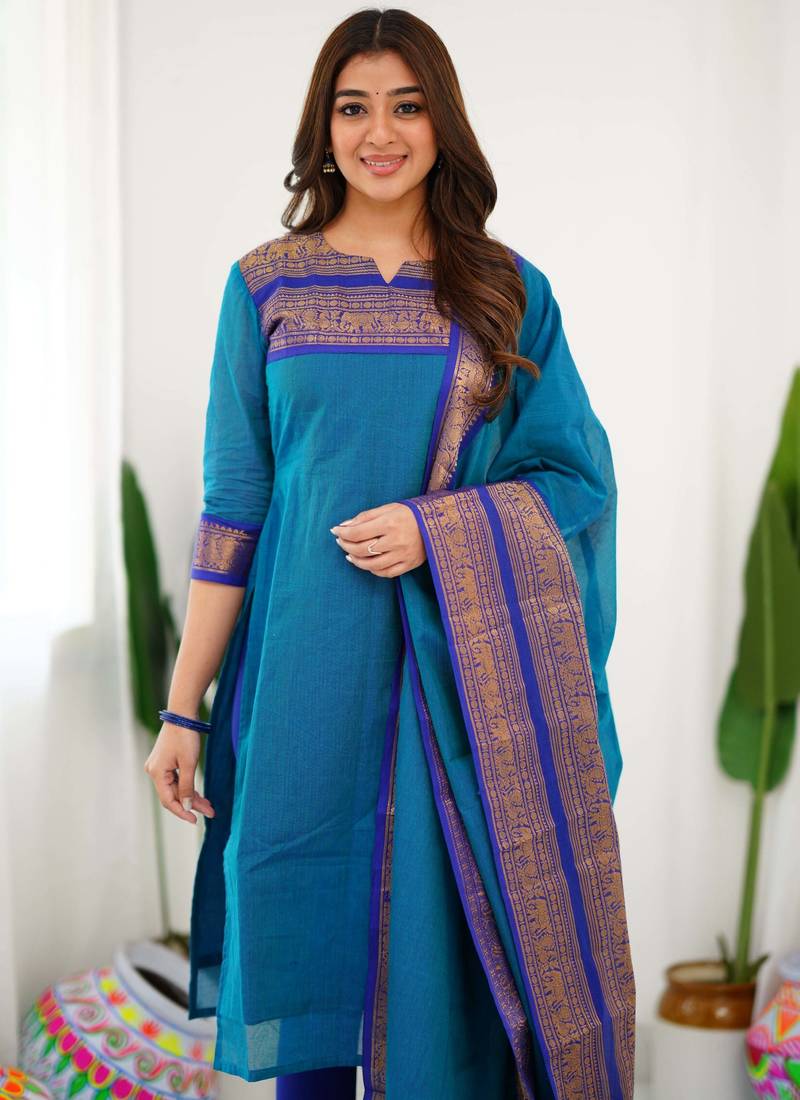 Teal-blue jacquard weaving kanchi cotton straight kurta dupatta set