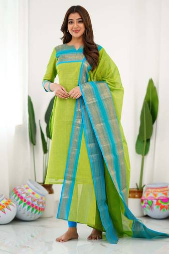 Green jacquard weaving kanchi cotton straight kurta dupatta set