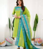 Green jacquard weaving kanchi cotton straight kurta dupatta set