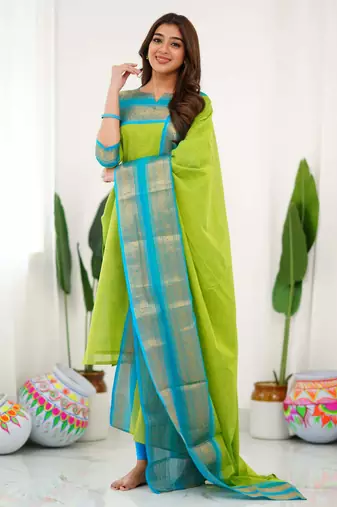Green jacquard weaving kanchi cotton straight kurta dupatta set