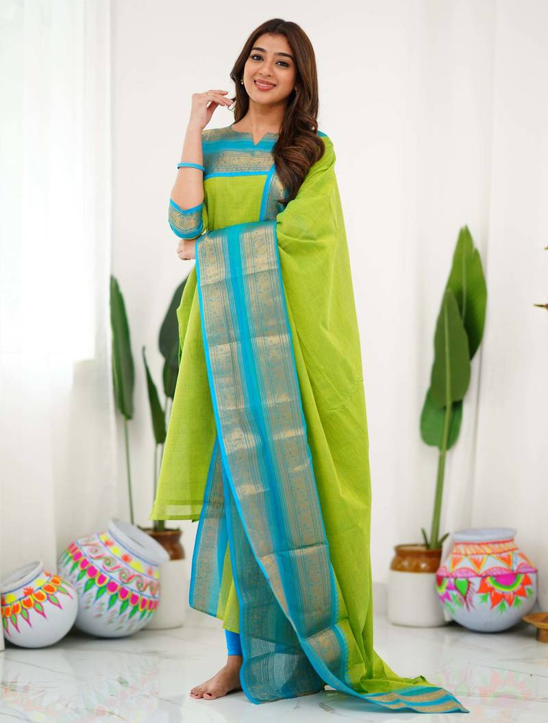 Green jacquard weaving kanchi cotton straight kurta dupatta set