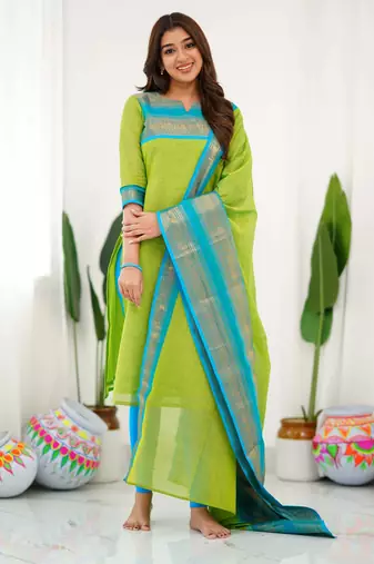 Green jacquard weaving kanchi cotton straight kurta dupatta set