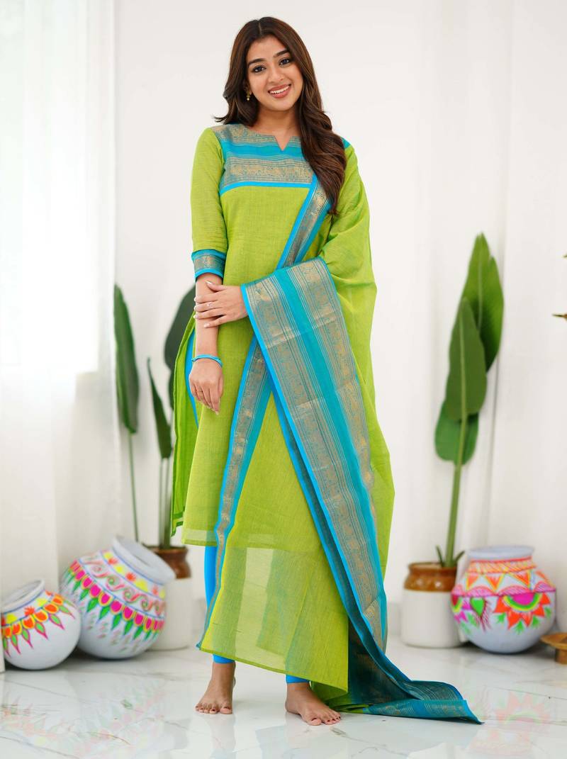 Green jacquard weaving kanchi cotton straight kurta dupatta set
