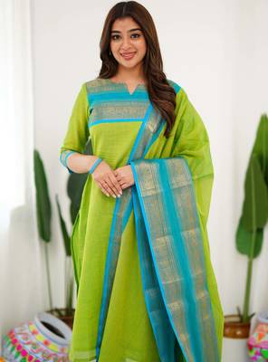Green jacquard weaving kanchi cotton straight kurta dupatta set 5
