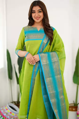 Green jacquard weaving kanchi cotton straight kurta dupatta set