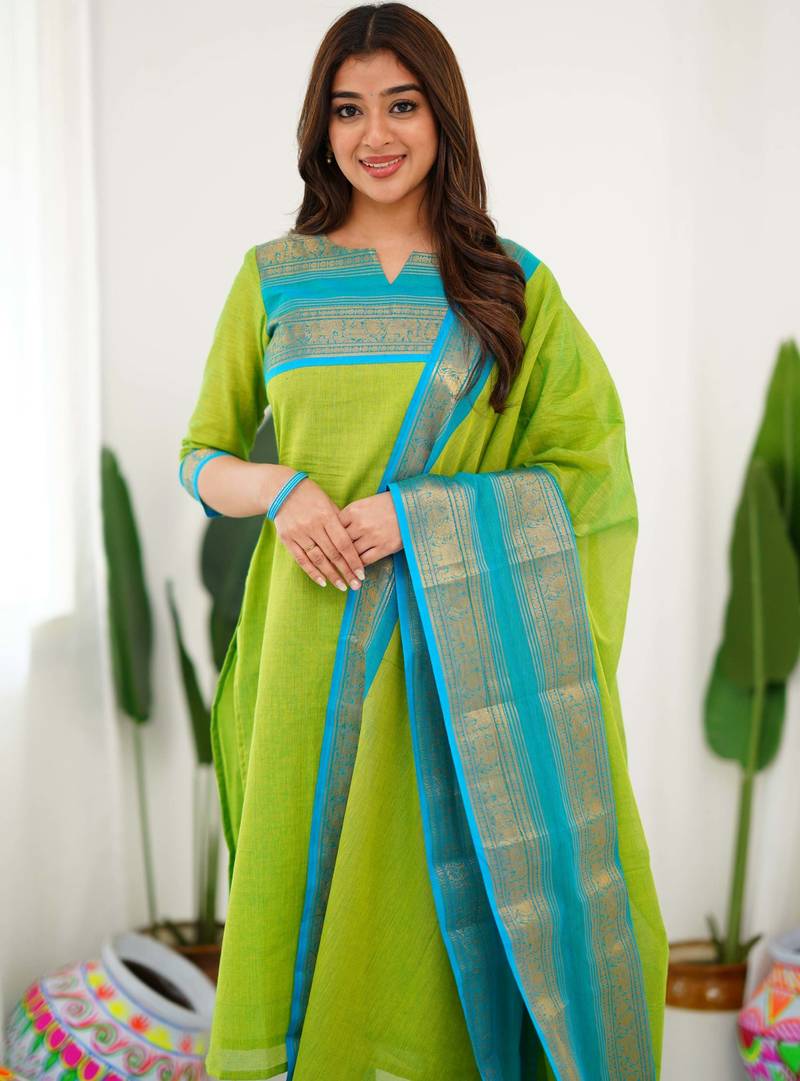 Green jacquard weaving kanchi cotton straight kurta dupatta set