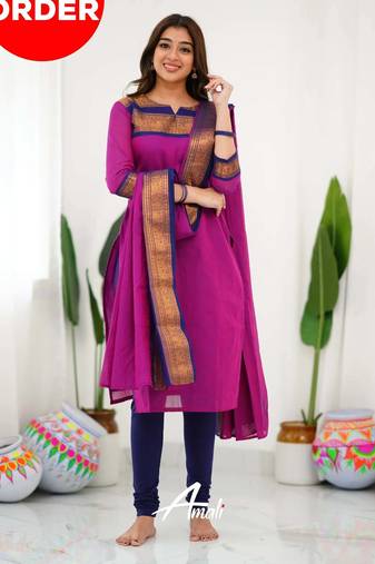Pink jacquard weaving kanchi cotton straight kurta dupatta set