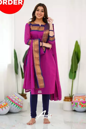 Pink jacquard weaving kanchi cotton straight kurta dupatta set
