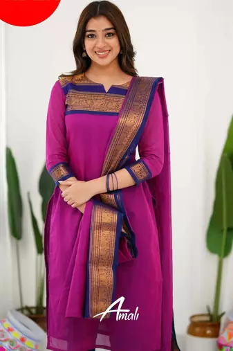 Pink jacquard weaving kanchi cotton straight kurta dupatta set