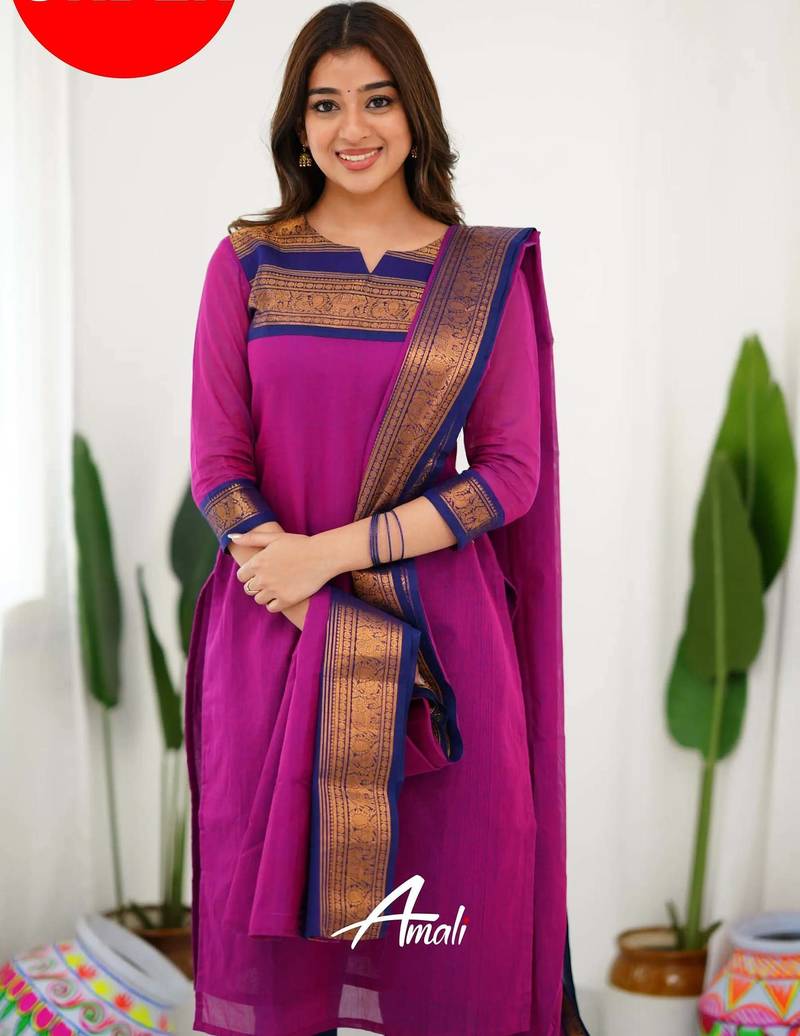 Pink jacquard weaving kanchi cotton straight kurta dupatta set