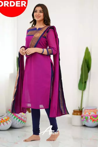 Pink jacquard weaving kanchi cotton straight kurta dupatta set