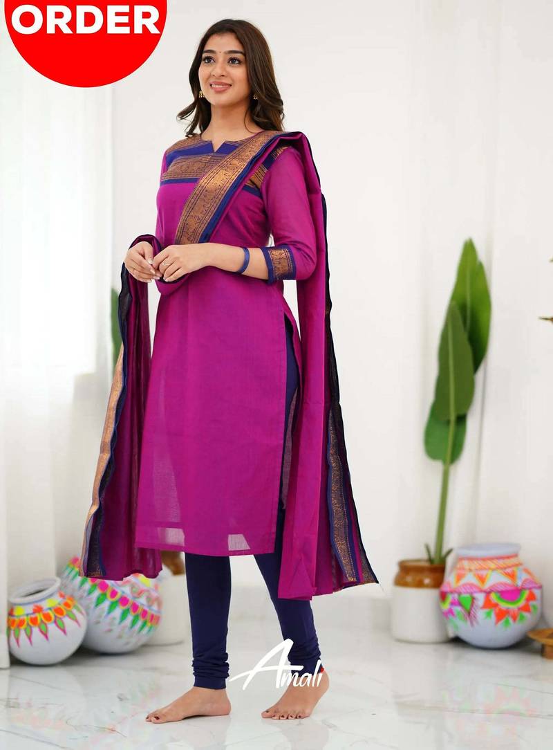Pink jacquard weaving kanchi cotton straight kurta dupatta set