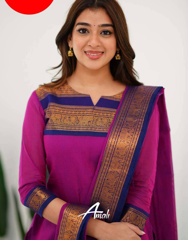 Pink jacquard weaving kanchi cotton straight kurta dupatta set