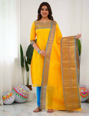 Yellow jacquard weaving kanchi cotton straight kurta dupatta set 1