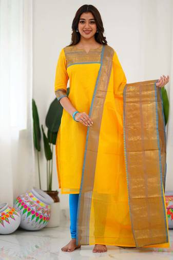 Yellow jacquard weaving kanchi cotton straight kurta dupatta set