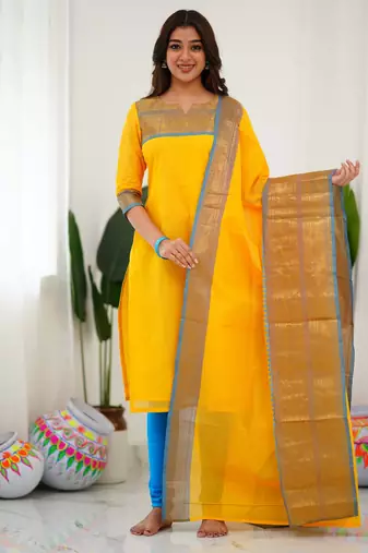 Yellow jacquard weaving kanchi cotton straight kurta dupatta set