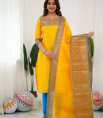 Yellow jacquard weaving kanchi cotton straight kurta dupatta set