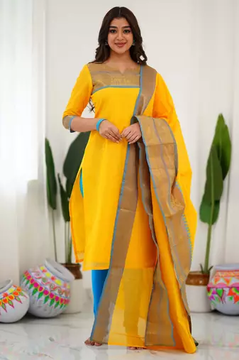 Yellow jacquard weaving kanchi cotton straight kurta dupatta set
