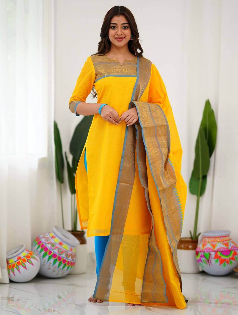 Yellow jacquard weaving kanchi cotton straight kurta dupatta set