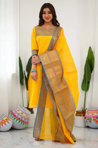 Yellow jacquard weaving kanchi cotton straight kurta dupatta set