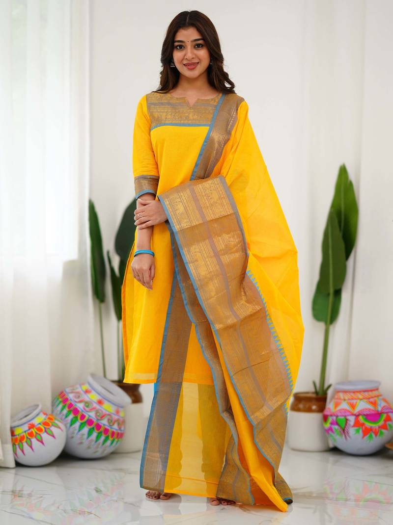 Yellow jacquard weaving kanchi cotton straight kurta dupatta set