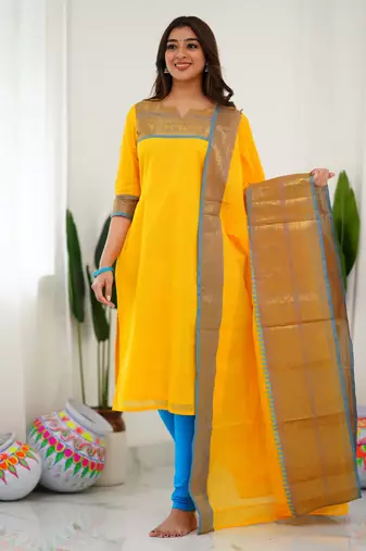 Yellow jacquard weaving kanchi cotton straight kurta dupatta set