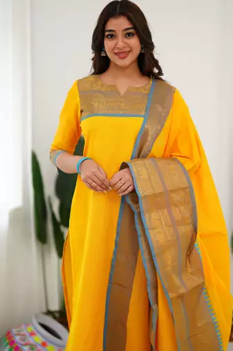 Yellow jacquard weaving kanchi cotton straight kurta dupatta set