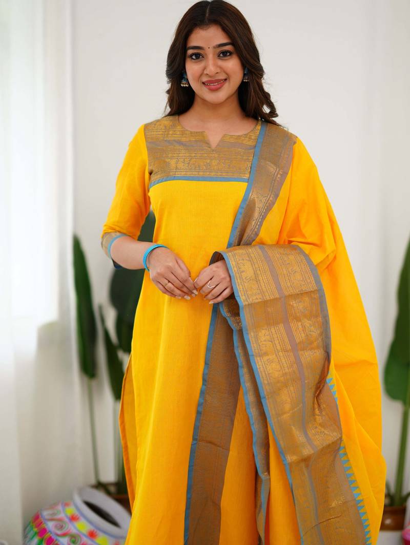 Yellow jacquard weaving kanchi cotton straight kurta dupatta set