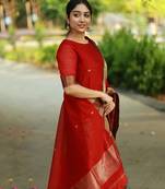 Red jacquard weaving kanchi cotton straight kurta dupatta set