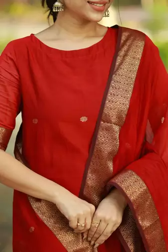 Red jacquard weaving kanchi cotton straight kurta dupatta set