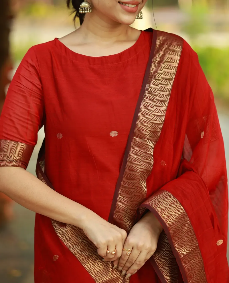 Red jacquard weaving kanchi cotton straight kurta dupatta set