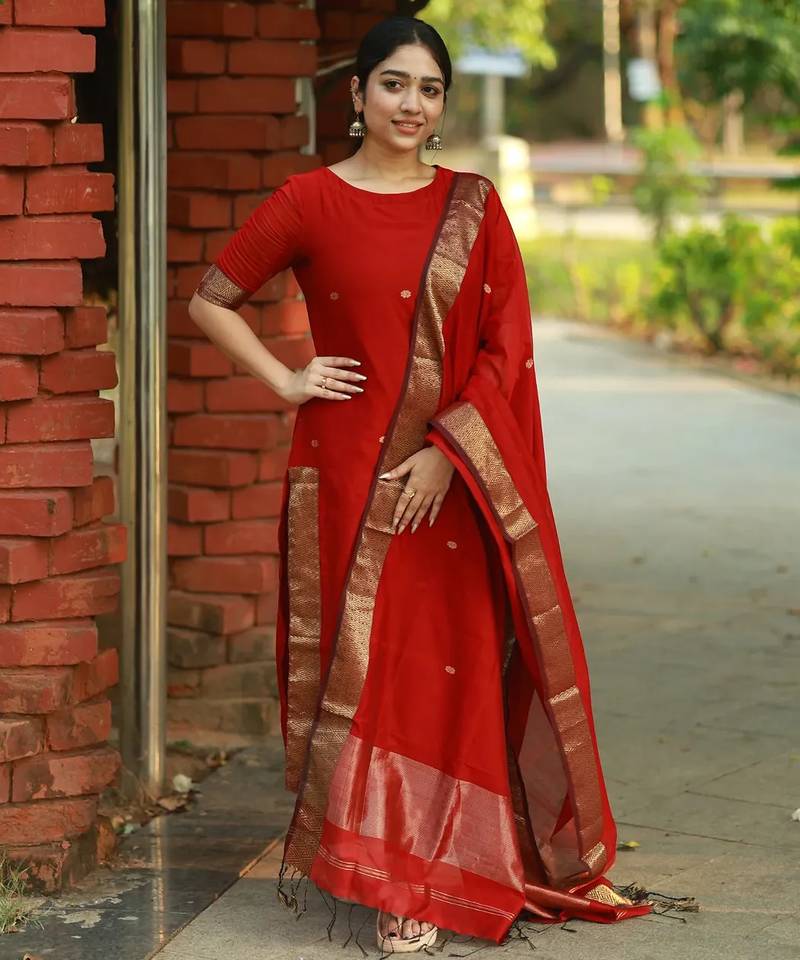 Red jacquard weaving kanchi cotton straight kurta dupatta set