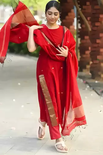 Red jacquard weaving kanchi cotton straight kurta dupatta set