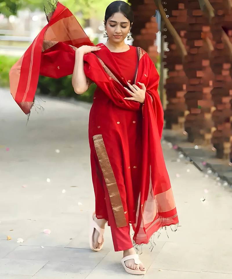 Red jacquard weaving kanchi cotton straight kurta dupatta set