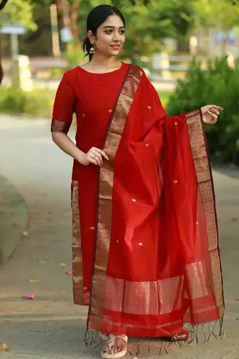 Red jacquard weaving kanchi cotton straight kurta dupatta set