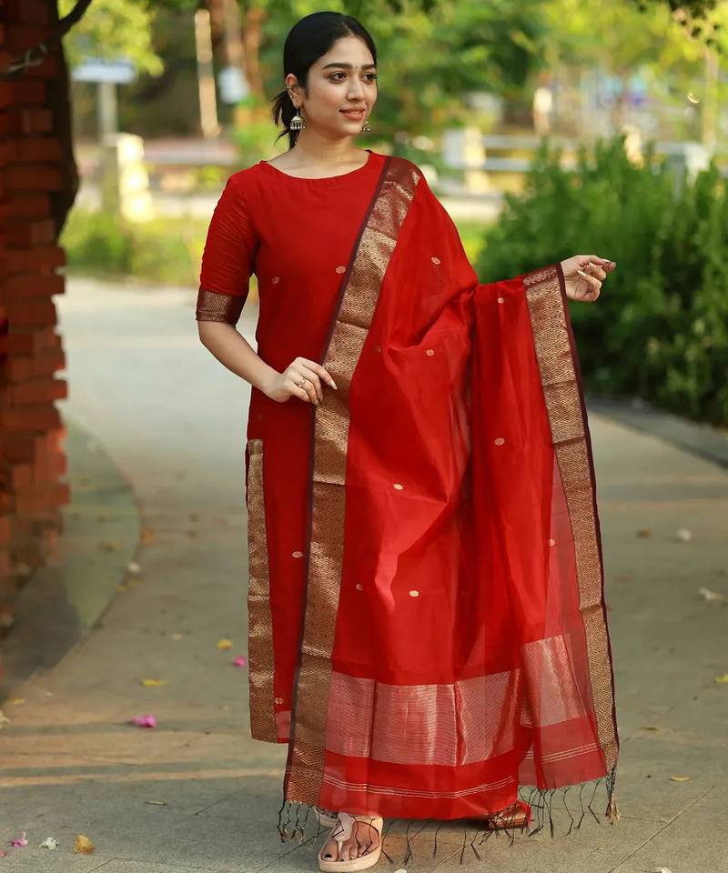 Red jacquard weaving kanchi cotton straight kurta dupatta set