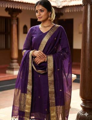 Violet jacquard weaving kanchi cotton straight kurta dupatta set 1