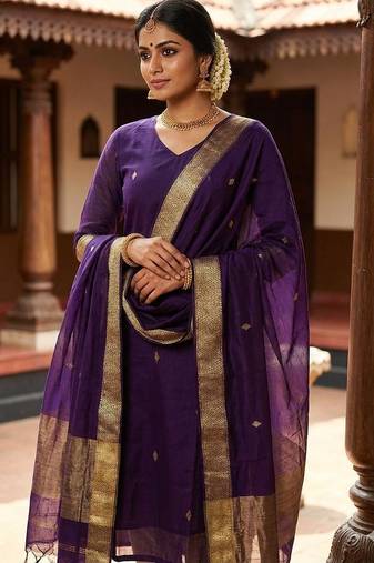 Violet jacquard weaving kanchi cotton straight kurta dupatta set