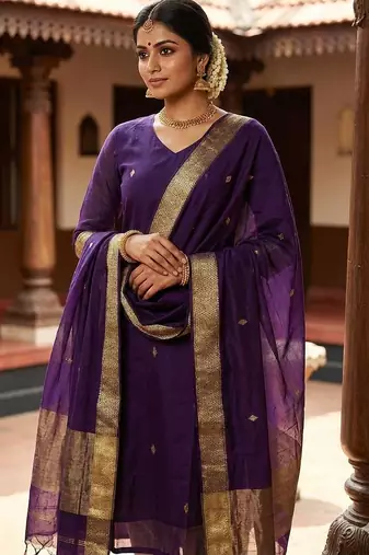 Violet jacquard weaving kanchi cotton straight kurta dupatta set