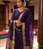 Violet jacquard weaving kanchi cotton straight kurta dupatta set