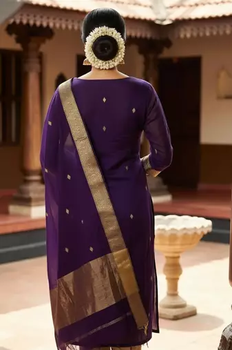 Violet jacquard weaving kanchi cotton straight kurta dupatta set