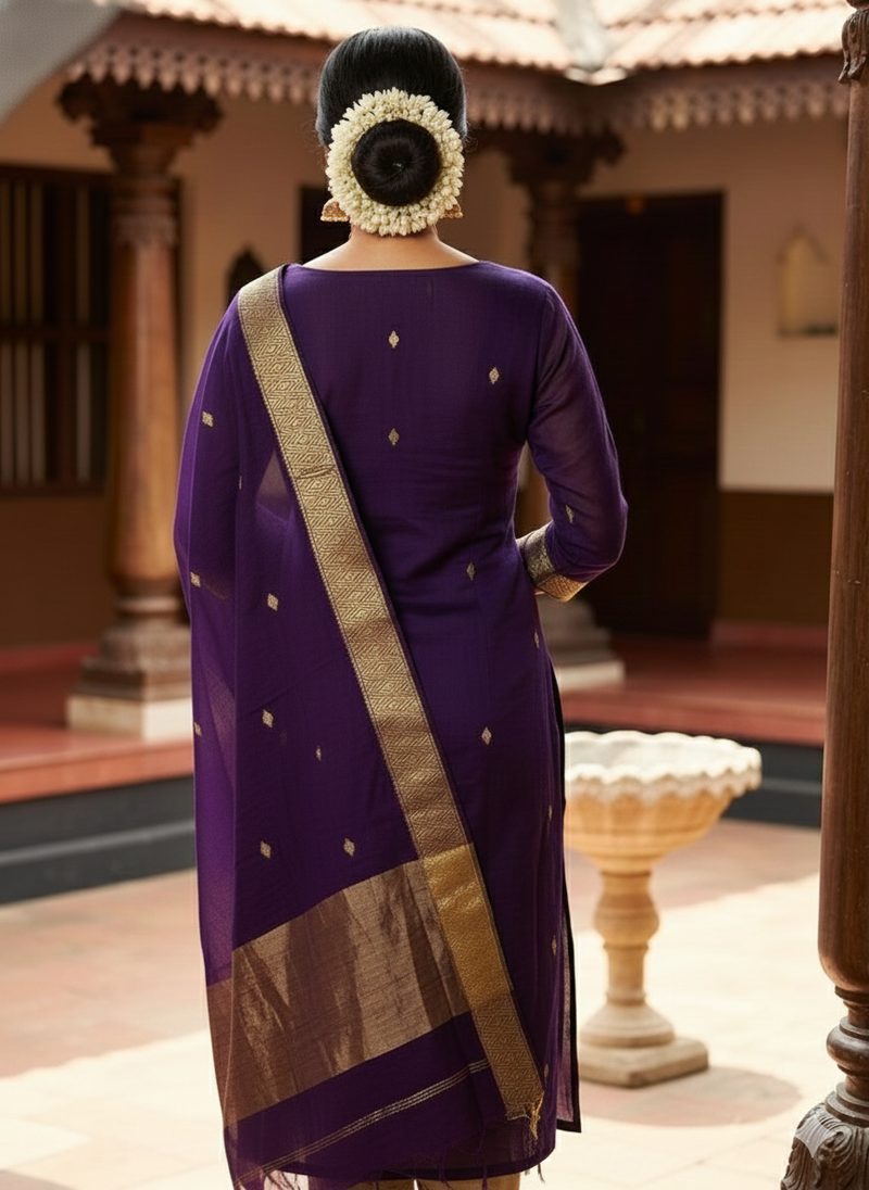 Violet jacquard weaving kanchi cotton straight kurta dupatta set