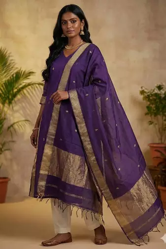 Violet jacquard weaving kanchi cotton straight kurta dupatta set
