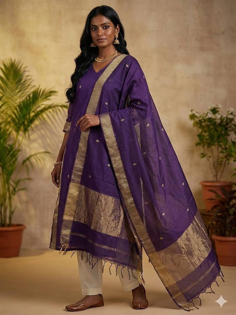 Violet jacquard weaving kanchi cotton straight kurta dupatta set